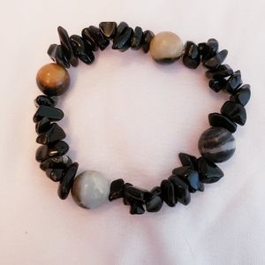 Natural stone black jasper and masonite bracelet